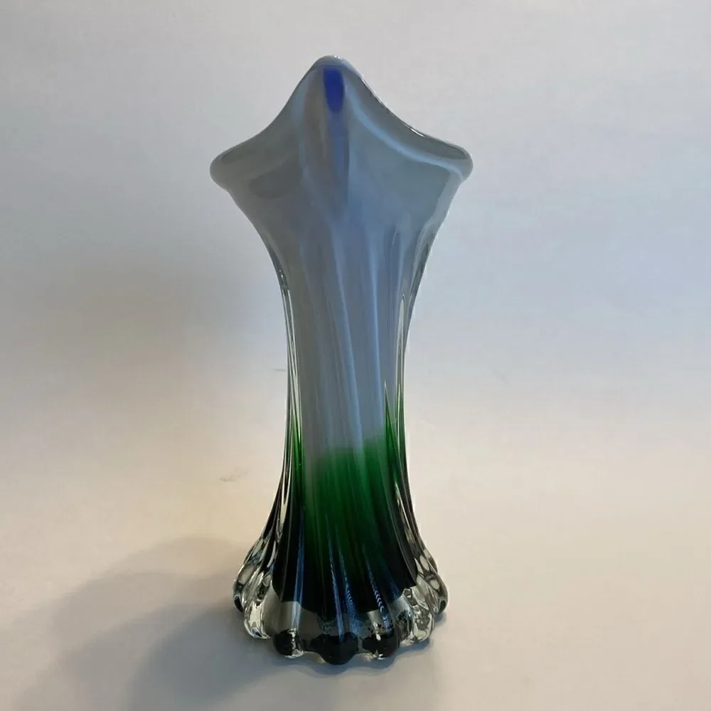 Hand Blown Art Glass Swirled Vase 8” Blue White Green